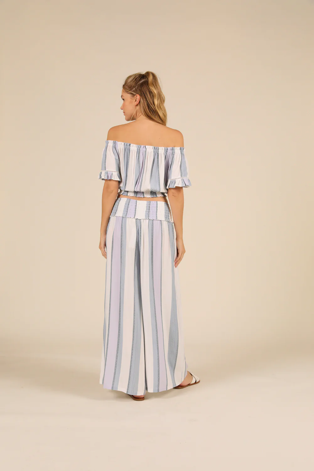 Lilac Summer Stripe Off Shoulder Bell Sleeve Top - Image 3