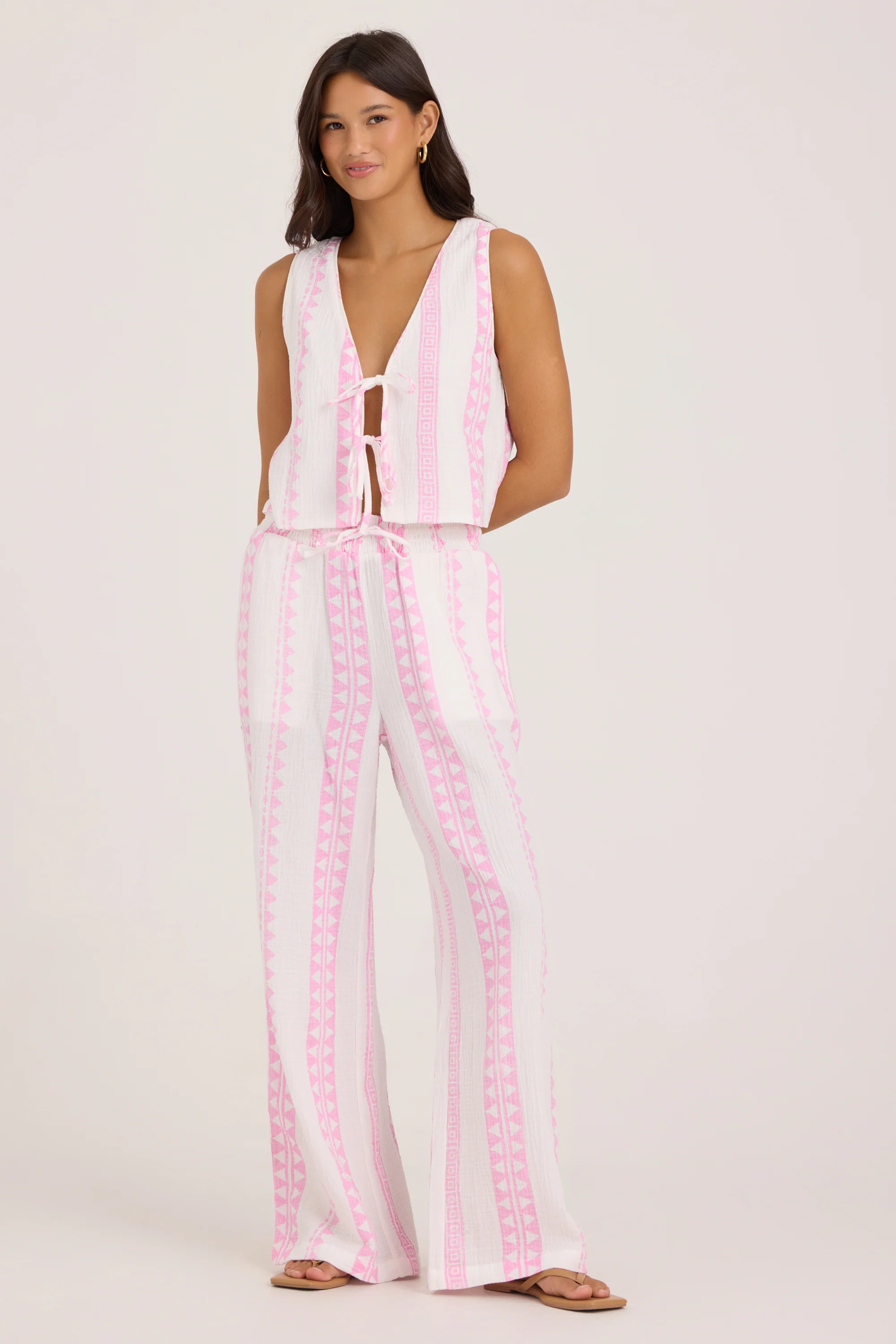 Printed Gauze Tie Front Vest - Pink Tribal Stripe - Image 3