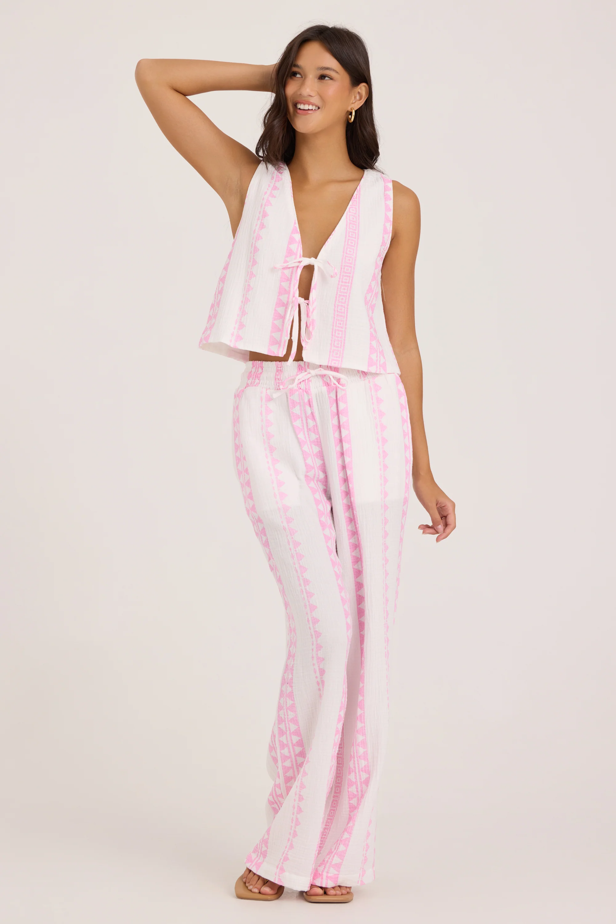 Printed Gauze Tie Front Vest - Pink Tribal Stripe - Image 4