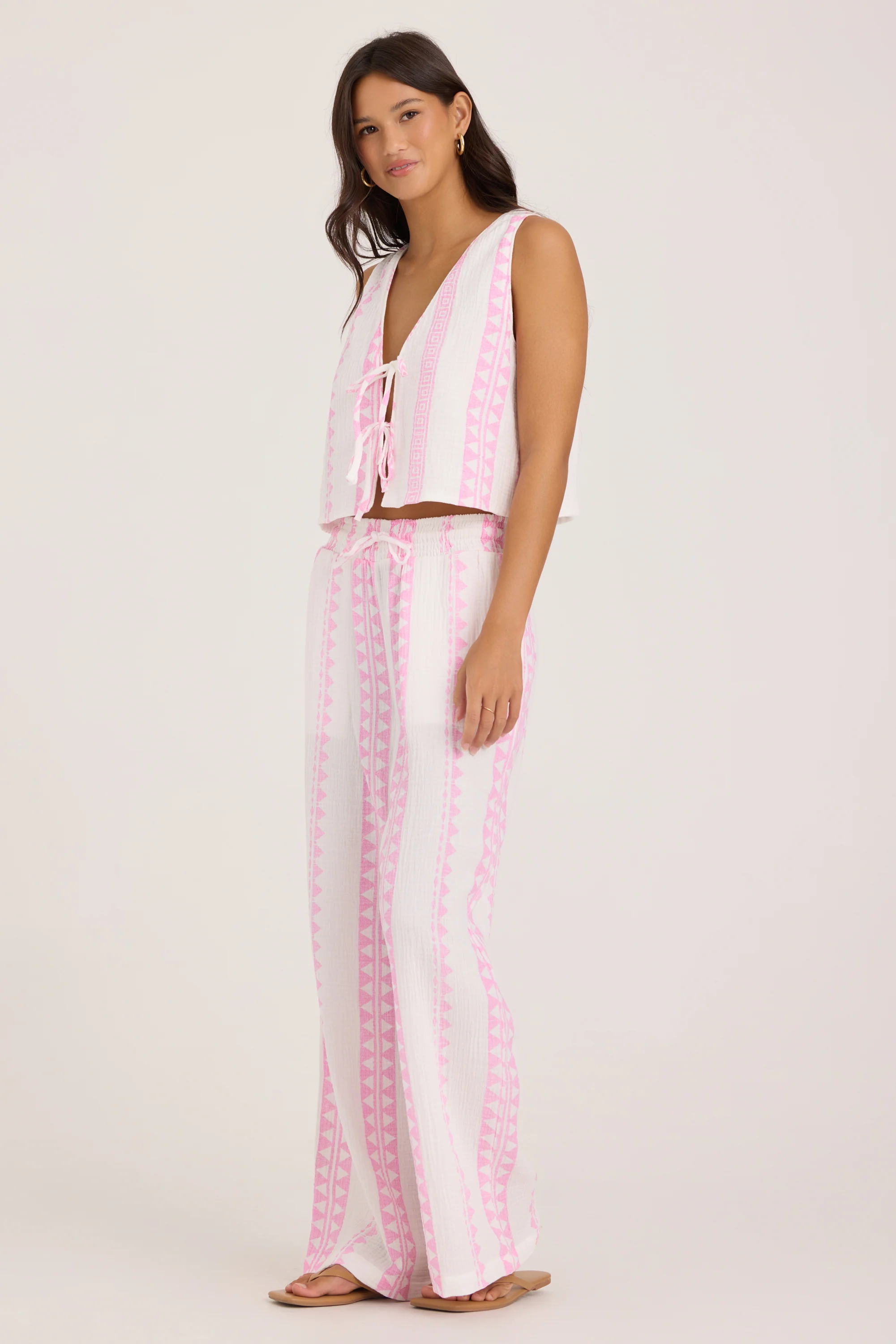Printed Gauze Tie Front Vest - Pink Tribal Stripe - Image 5