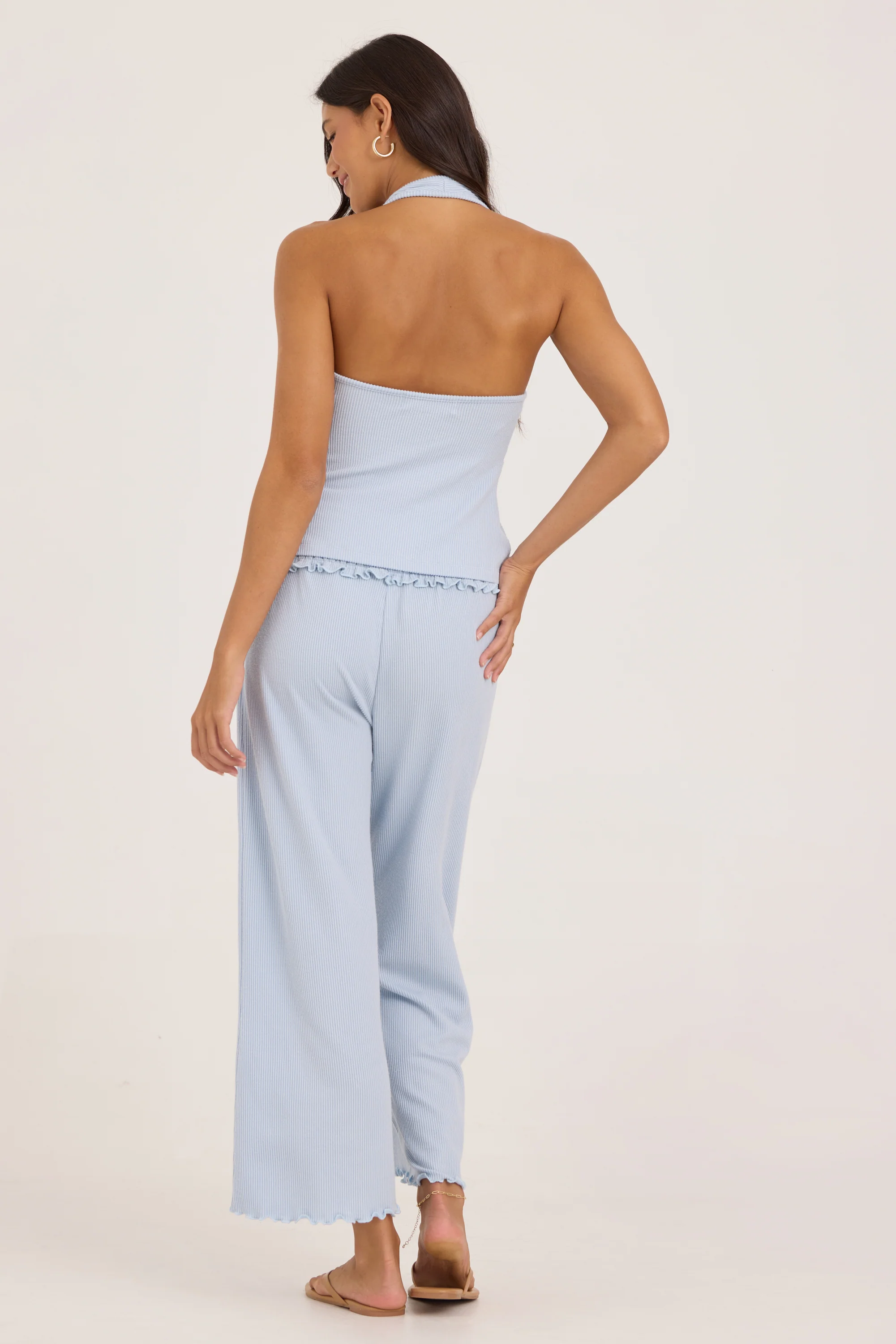Rib Knit Smocked Waist Wide Leg Pant - Coastal Blue - Image 5