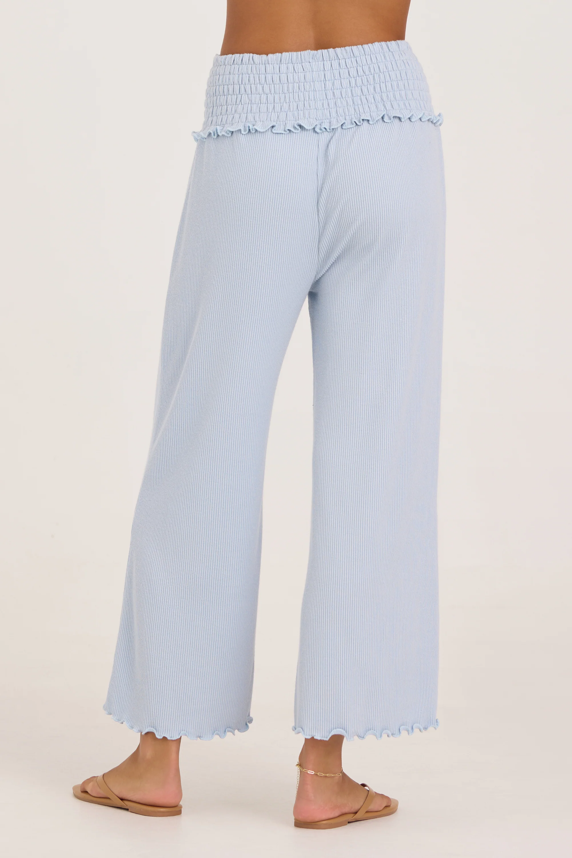 Rib Knit Smocked Waist Wide Leg Pant - Coastal Blue - Image 7