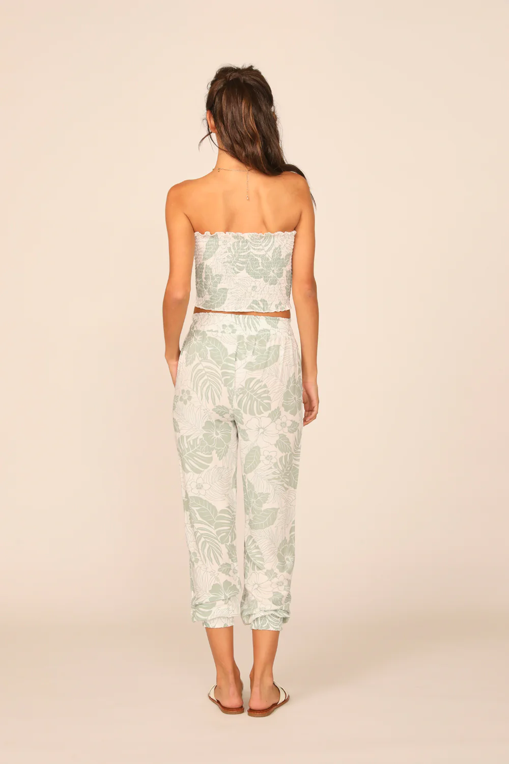 Sage Hawaiian Print Rayon Smocked Tie Front Crop Top - Image 4
