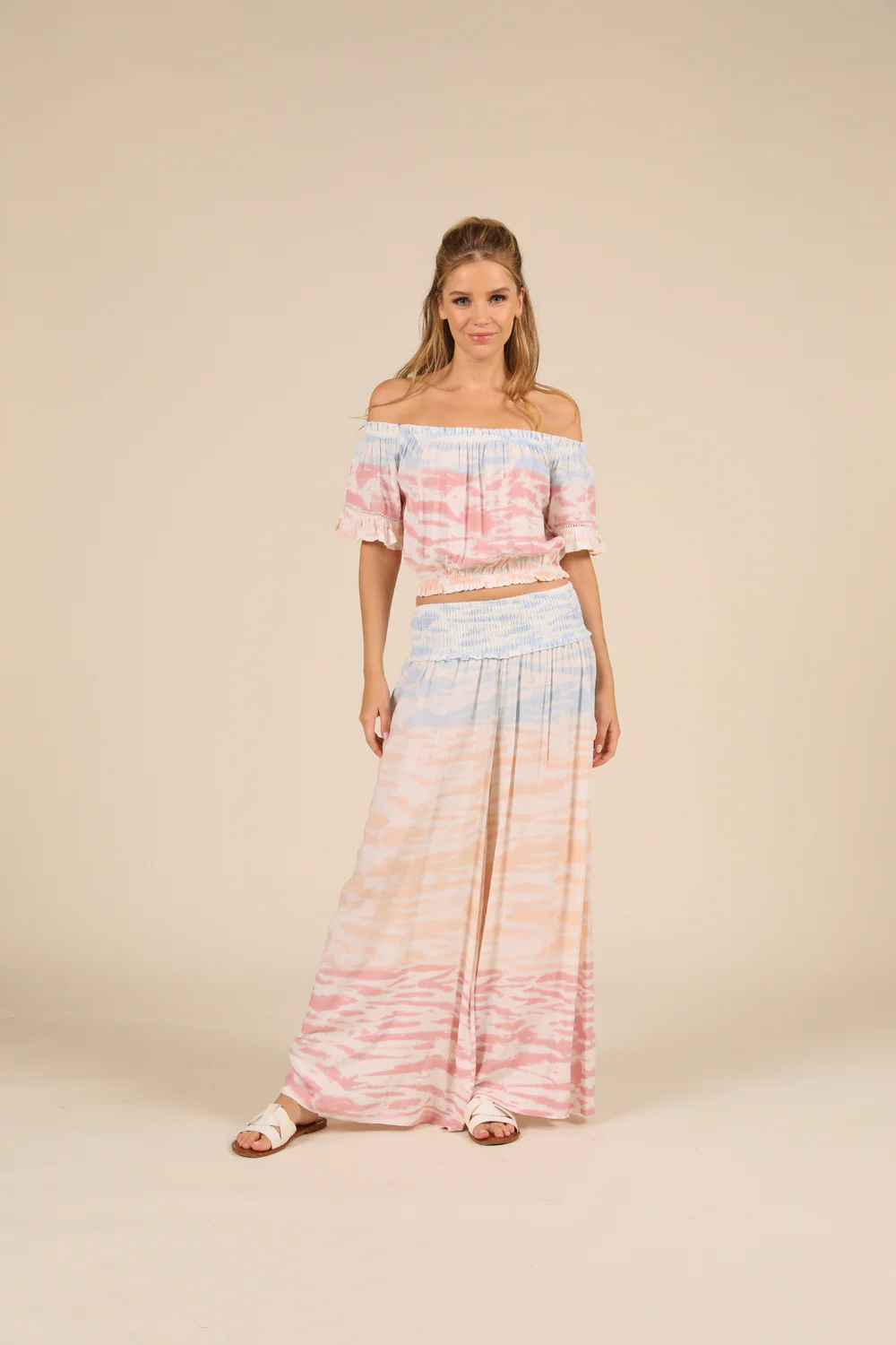 Tri Color Ombre Tie Dye Off Shoulder Bell Sleeve Top - Image 3